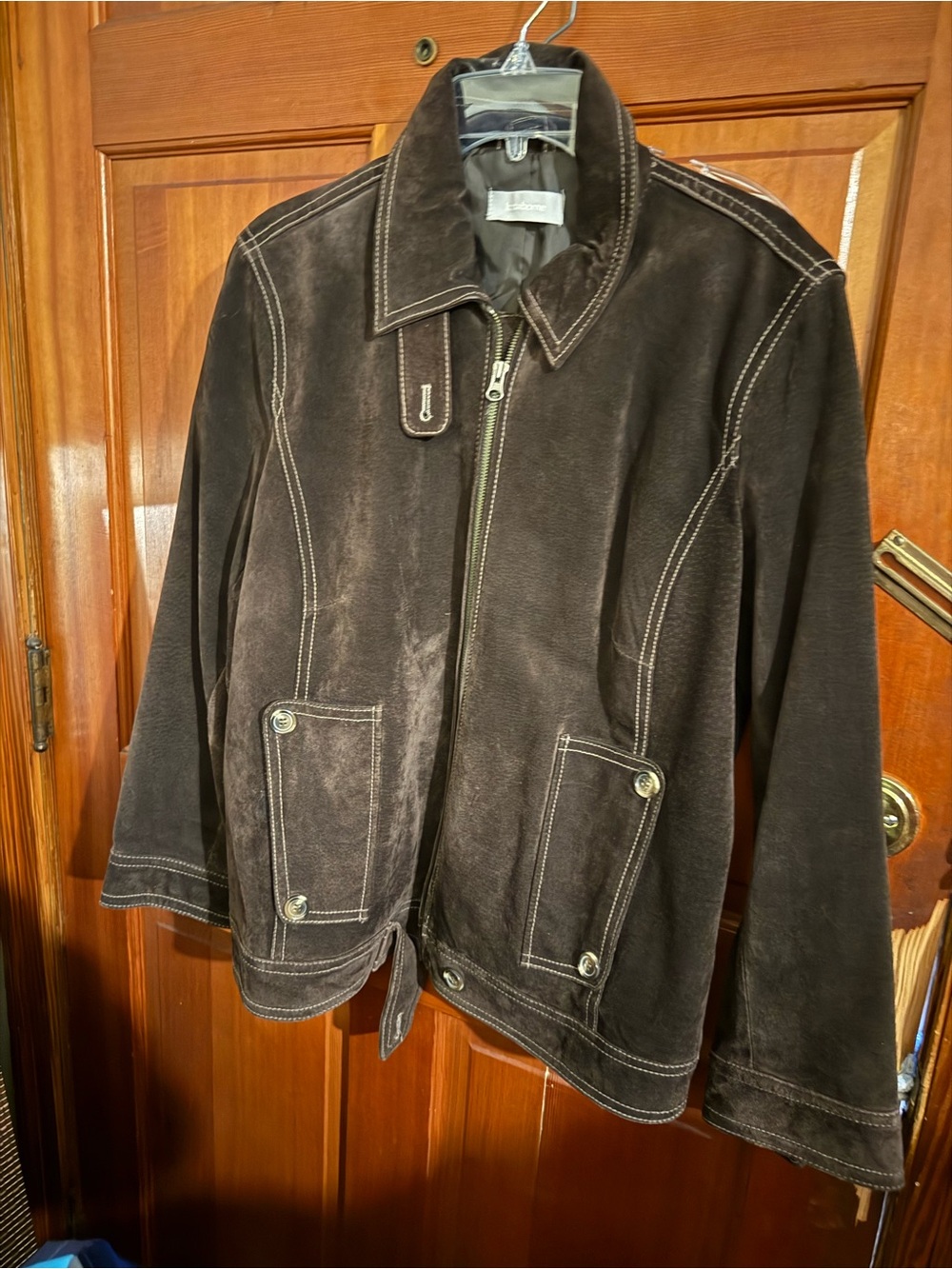 Men's Dark Brown Suede Zip Jacket with Contrast Stitching - Picture 2 of 6